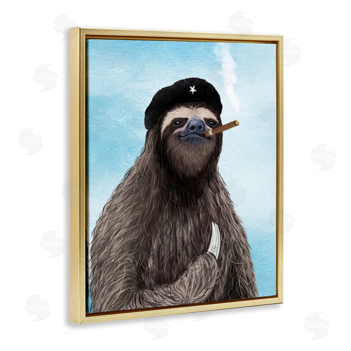 Paula Belle Flores Captain Sloth & Cigar Gold Floating Frame Canvas Wall Art Print