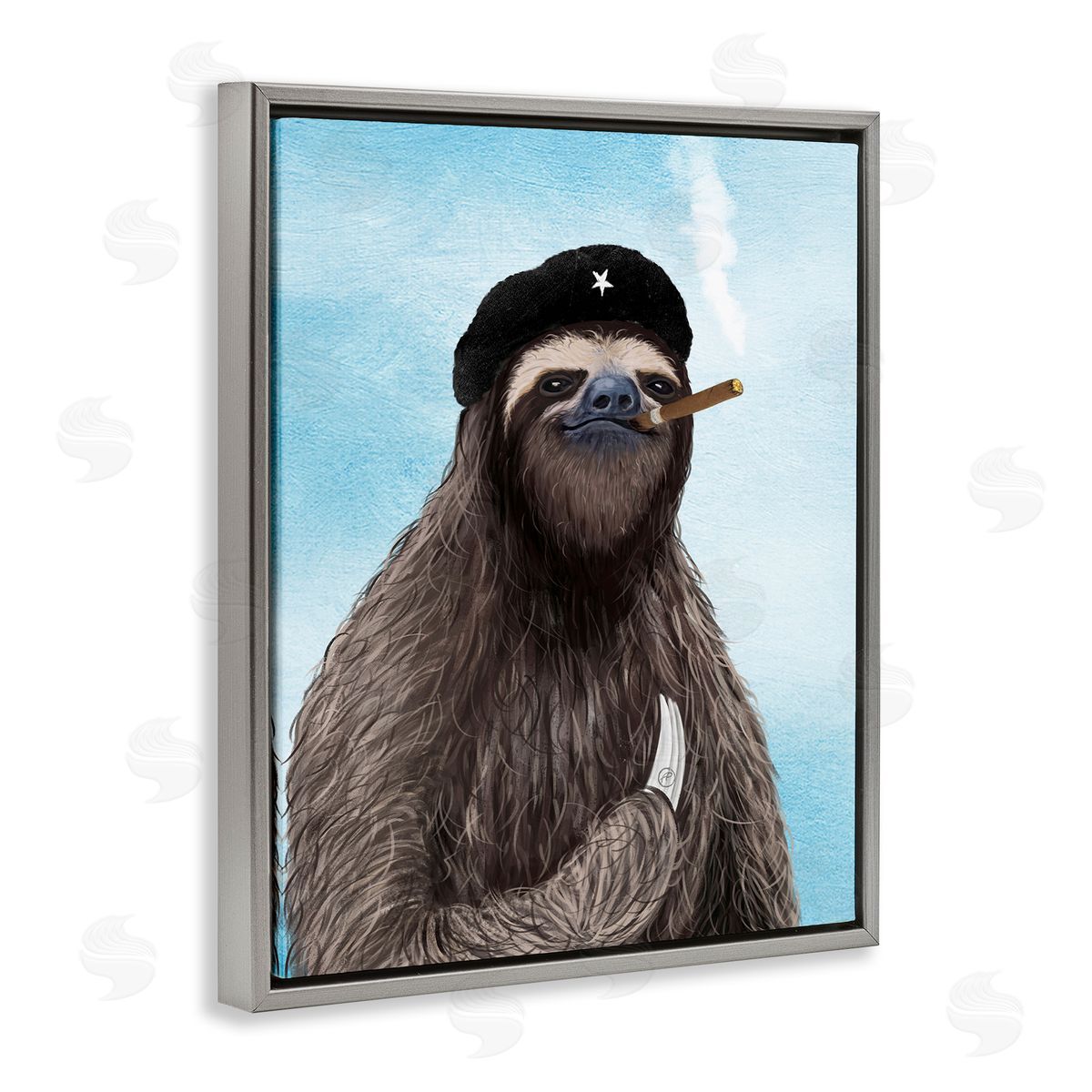 Paula Belle Flores Captain Sloth & Cigar Gray Floating Frame Canvas Wall Art Print