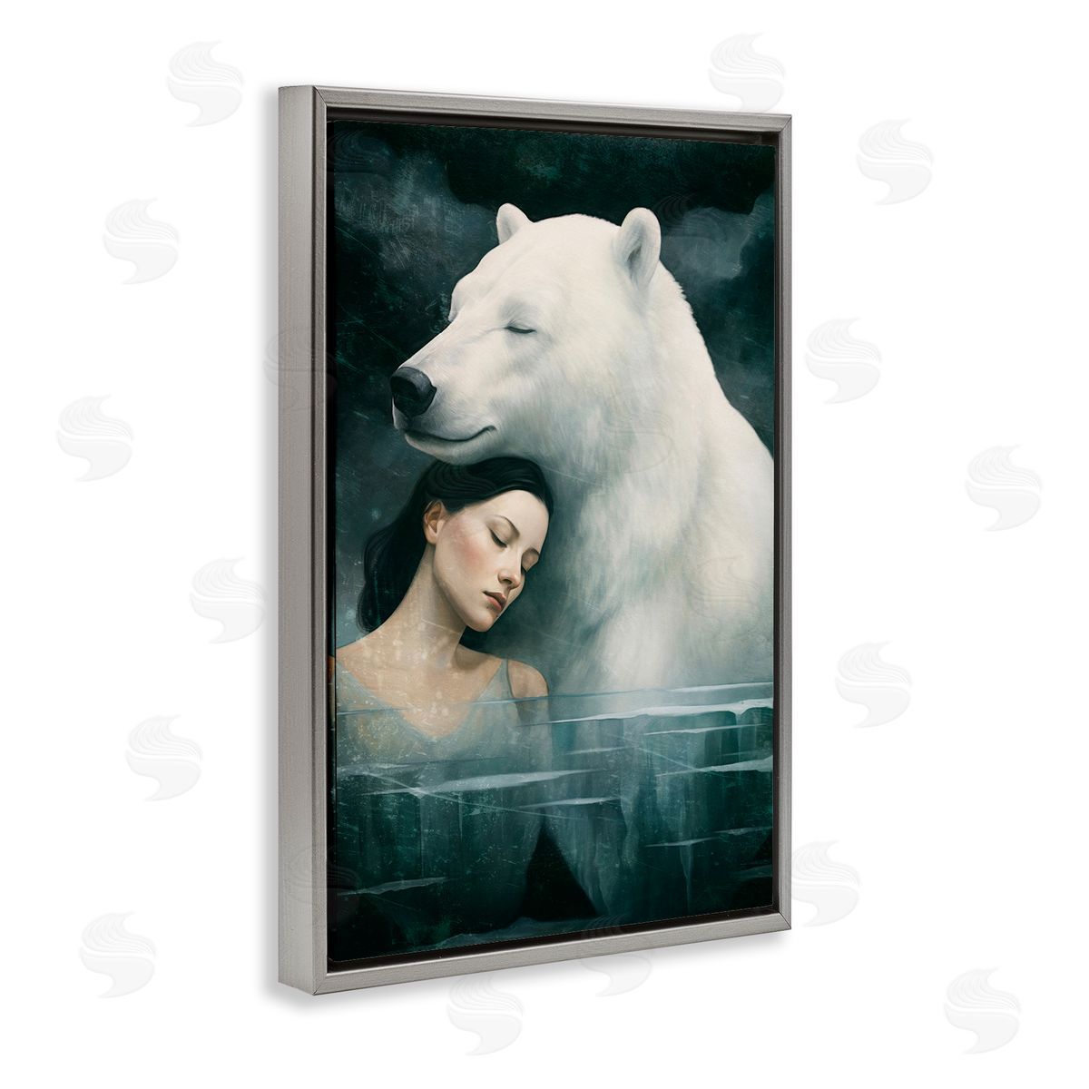 Paula Belle Flores Polar Bear & Woman Gray Floating Frame Canvas Wall Art Print