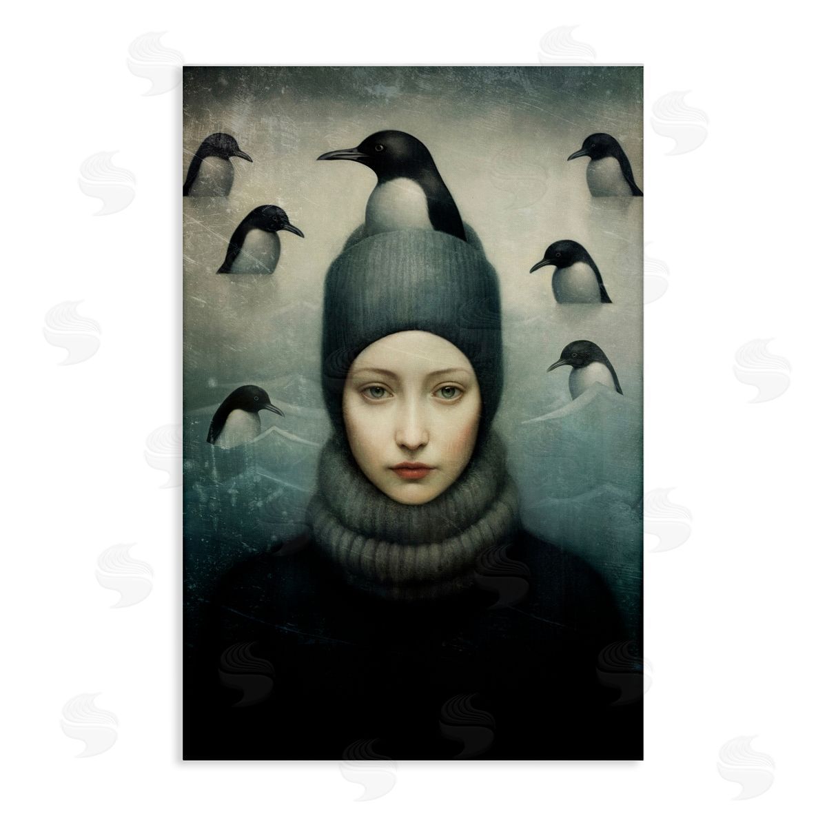 Paula Belle Flores Peeking Penguins & Woman Canvas Wall Art Print