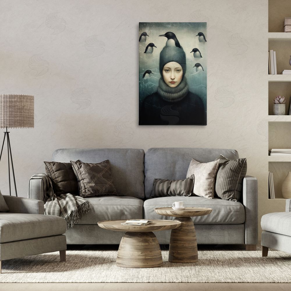 Paula Belle Flores Peeking Penguins & Woman Canvas Wall Art Print in Room