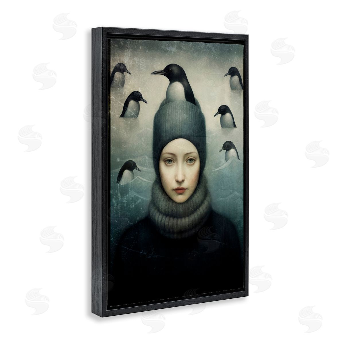 Paula Belle Flores Peeking Penguins & Woman Black Floating Frame Canvas Wall Art Print