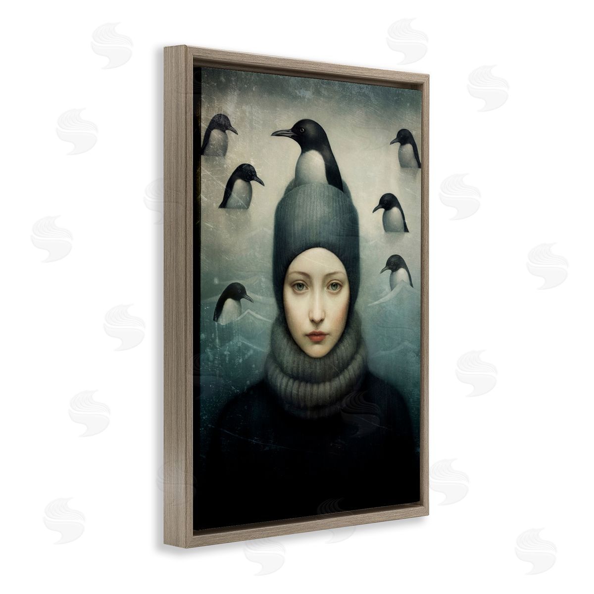 Paula Belle Flores Peeking Penguins & Woman Brown Floating Frame Canvas Wall Art Print