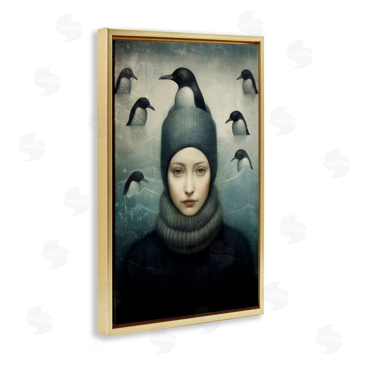 Paula Belle Flores Peeking Penguins & Woman Gold Floating Frame Canvas Wall Art Print
