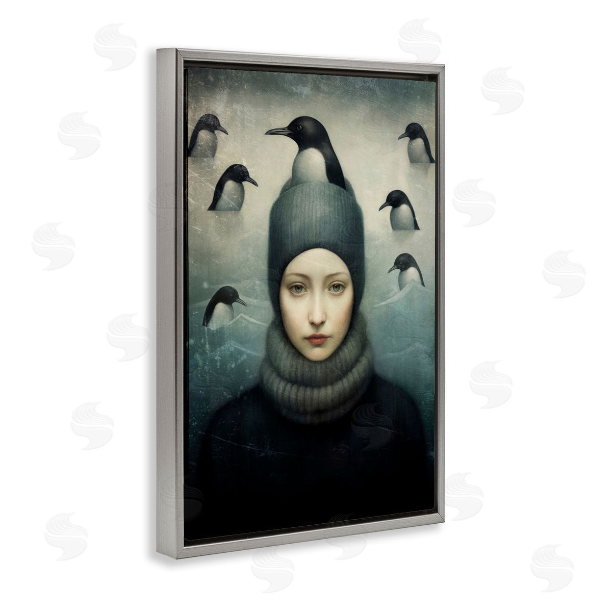 Paula Belle Flores Peeking Penguins & Woman Gray Floating Frame Canvas Wall Art Print