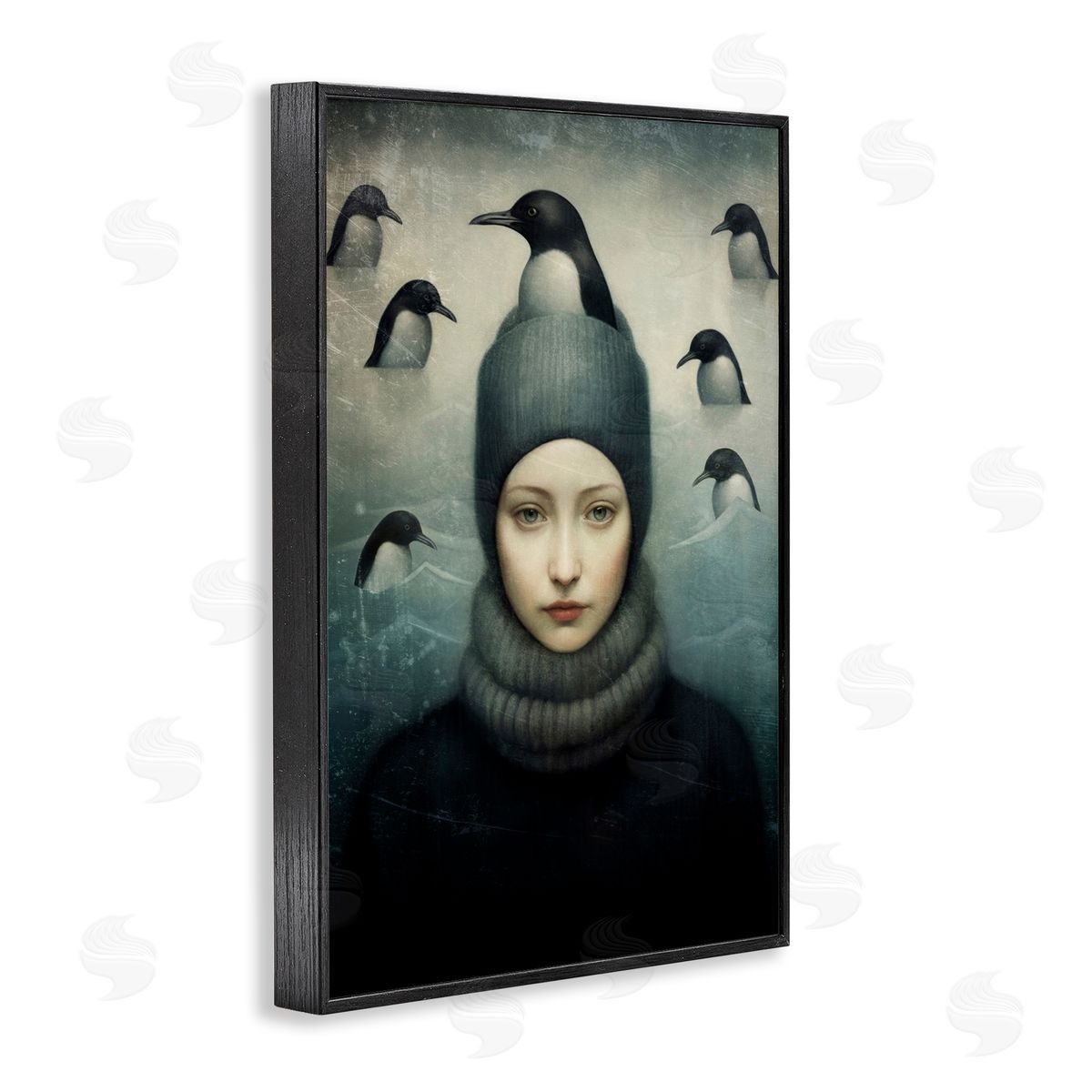 Paula Belle Flores Peeking Penguins & Woman Black Framed Giclee Wall Art Print