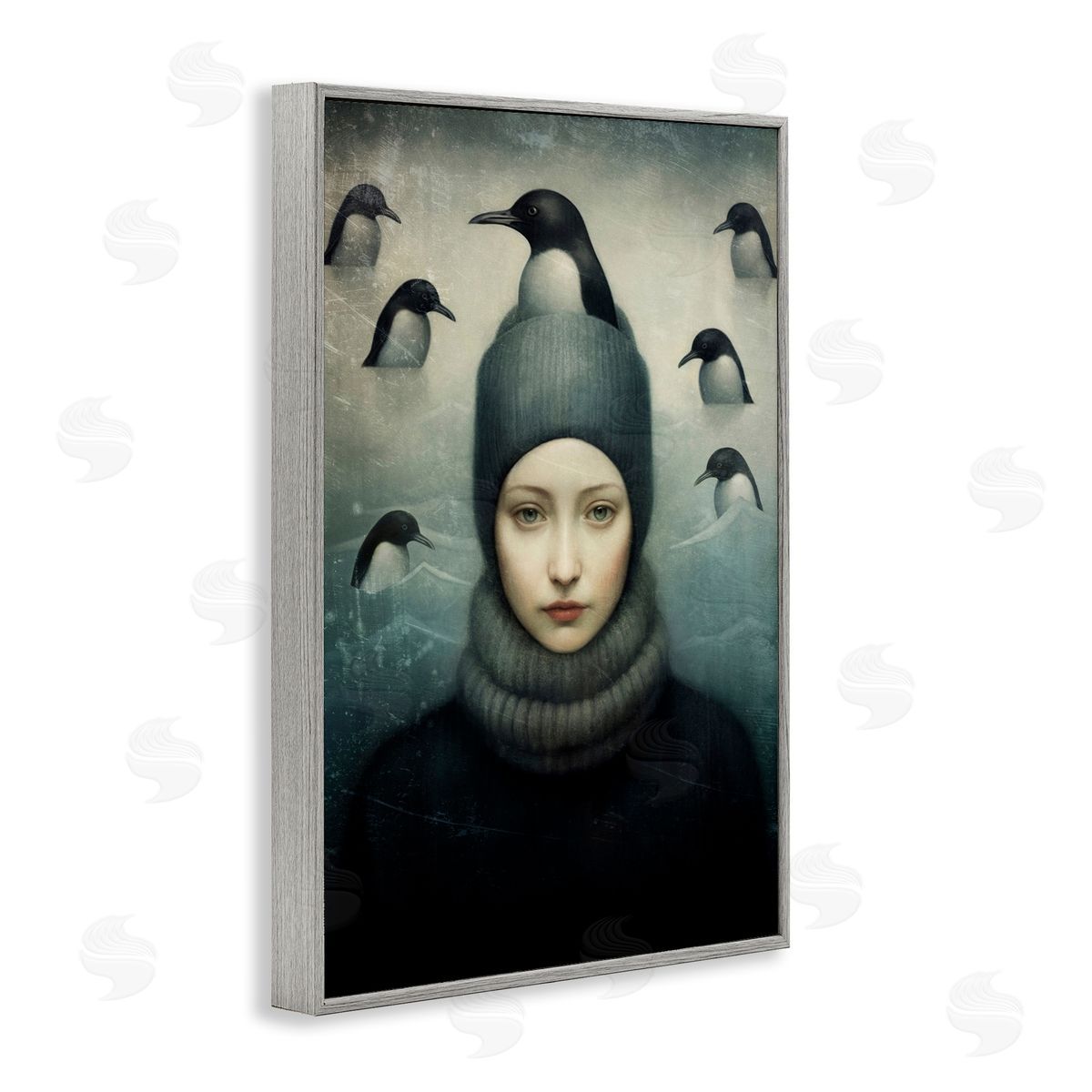 Paula Belle Flores Peeking Penguins & Woman Gray Framed Giclee Wall Art Print