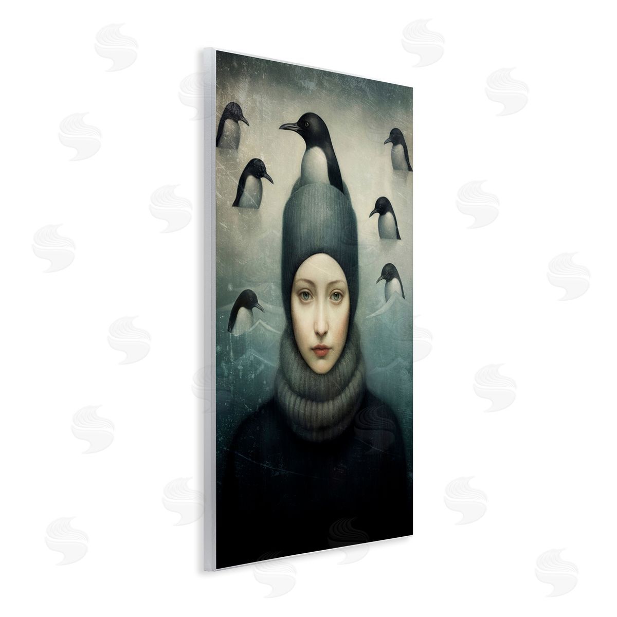 Paula Belle Flores Peeking Penguins & Woman Wooden Wall Plaque Art Print