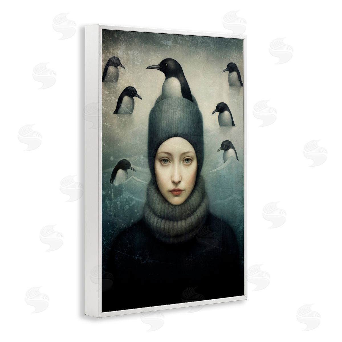 Paula Belle Flores Peeking Penguins & Woman White Framed Giclee Wall Art Print