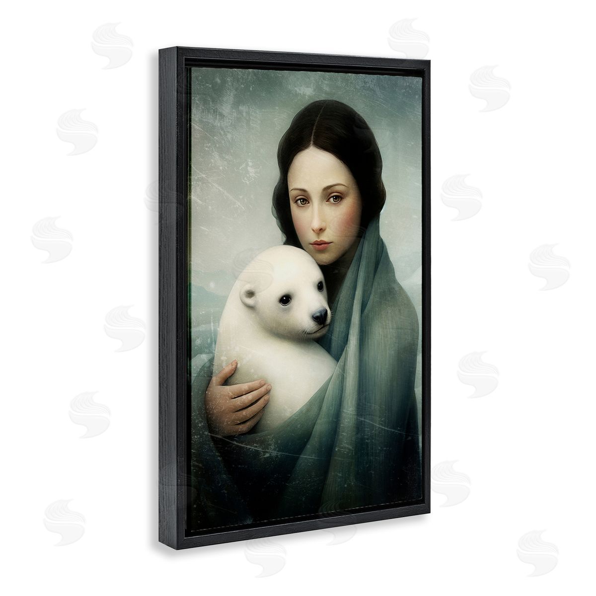 Paula Belle Flores Girl & Baby Polar Bear Black Floating Frame Canvas Wall Art Print