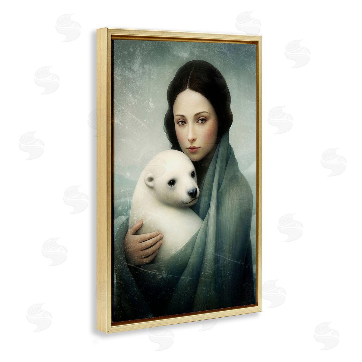 Paula Belle Flores Girl & Baby Polar Bear Gold Floating Frame Canvas Wall Art Print