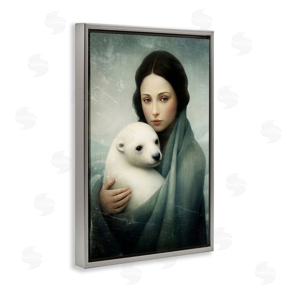Paula Belle Flores Girl & Baby Polar Bear Gray Floating Frame Canvas Wall Art Print