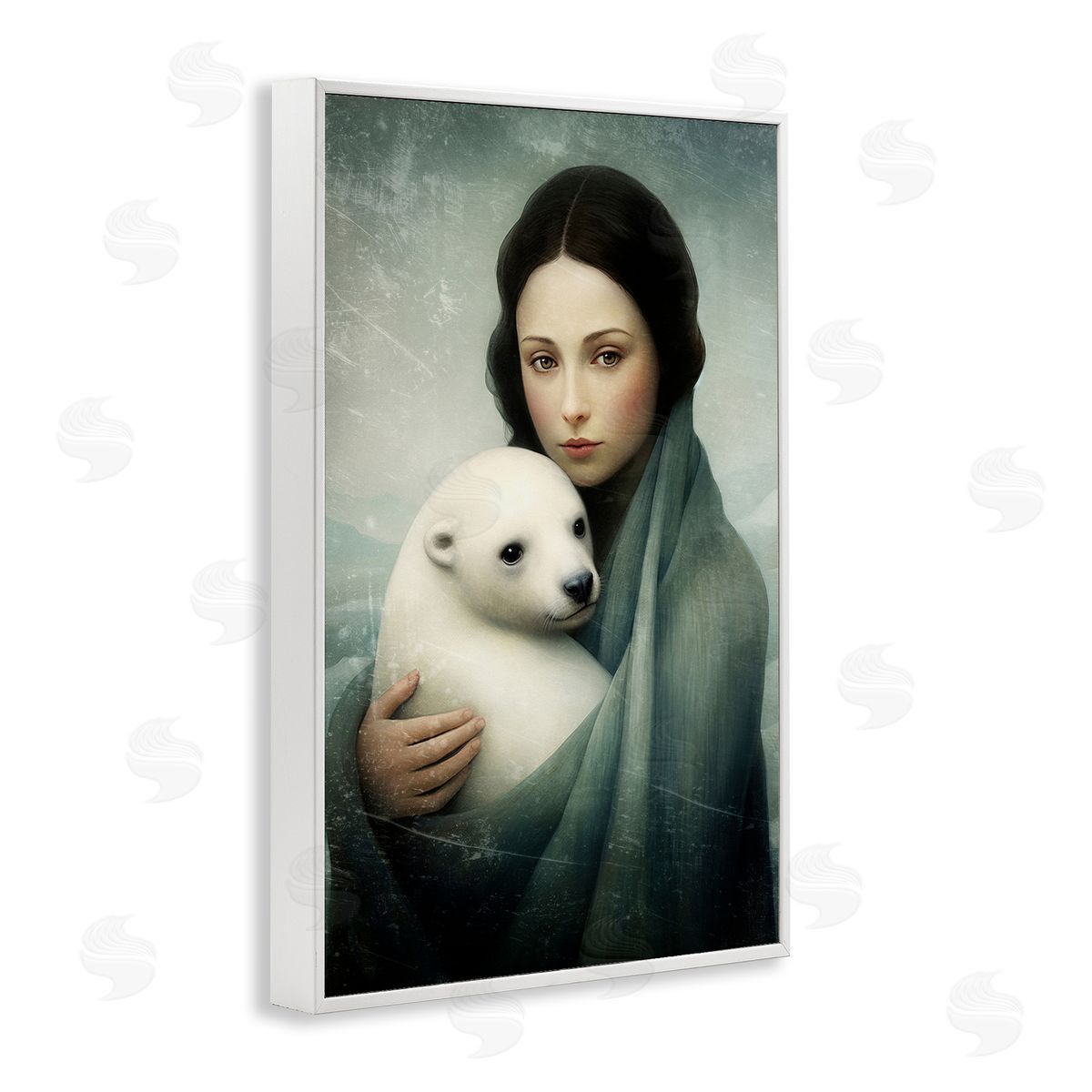 Paula Belle Flores Girl & Baby Polar Bear White Framed Giclee Wall Art Print