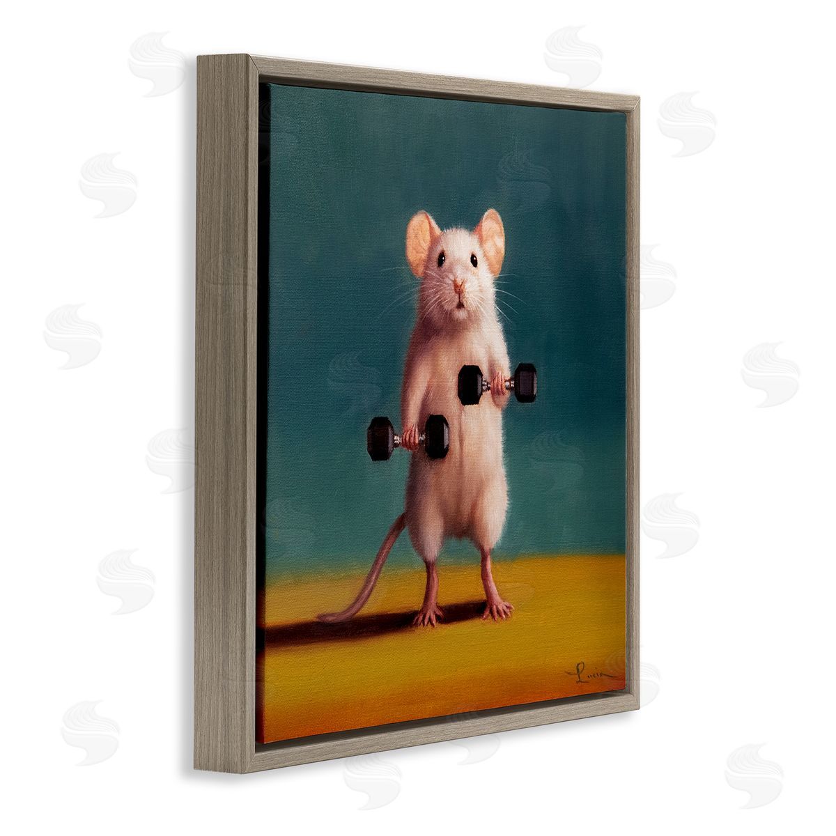 Lucia Heffernan Weight Lifting Mouse Brown Floating Frame Canvas Wall Art Print