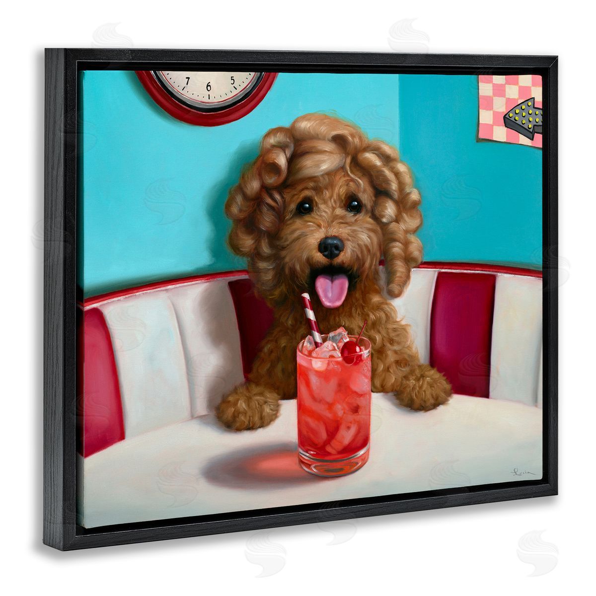 Lucia Heffernan Dog at Diner with Drink Black Floating Frame Canvas Wall Art Print