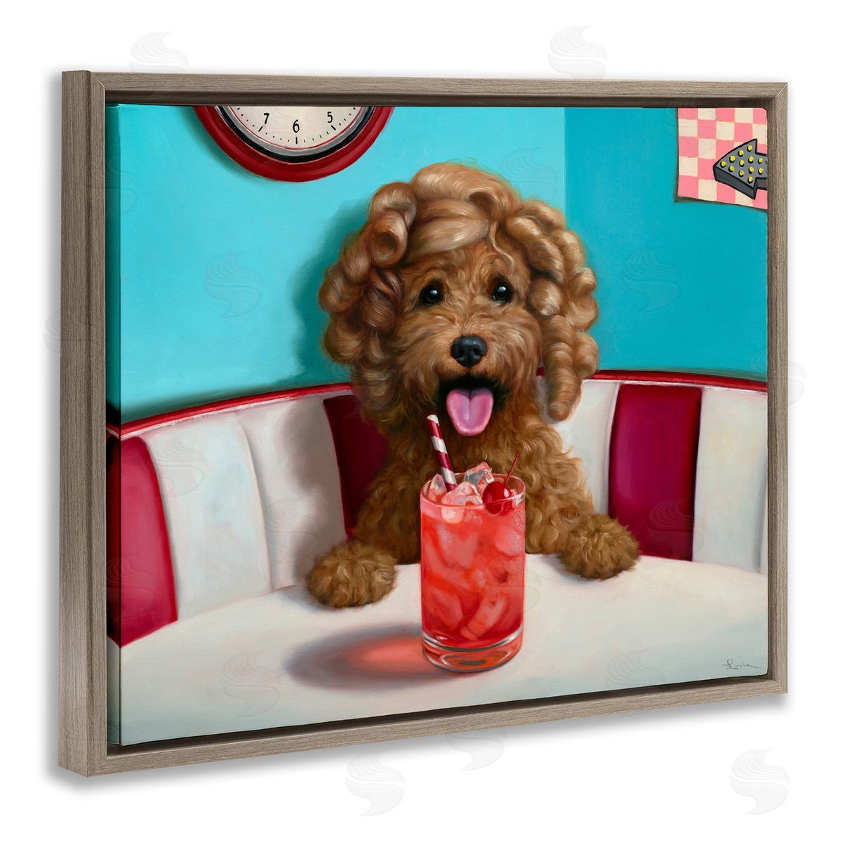 Lucia Heffernan Dog at Diner with Drink Brown Floating Frame Canvas Wall Art Print