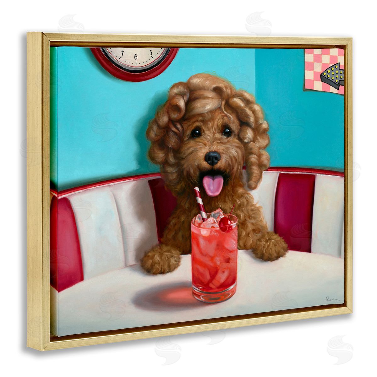 Lucia Heffernan Dog at Diner with Drink Gold Floating Frame Canvas Wall Art Print