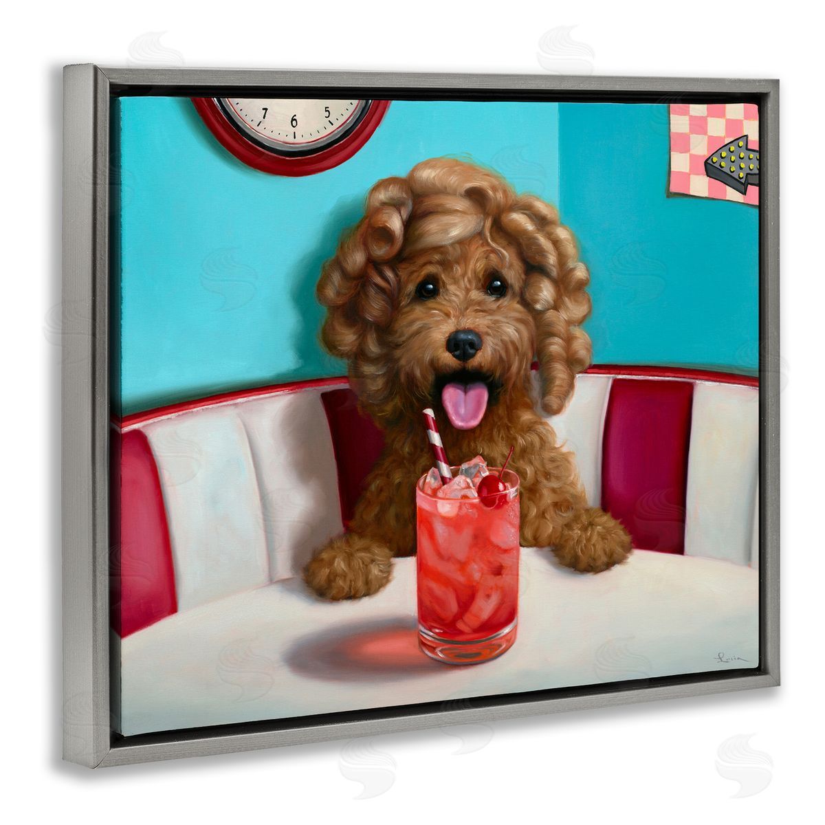 Lucia Heffernan Dog at Diner with Drink Gray Floating Frame Canvas Wall Art Print