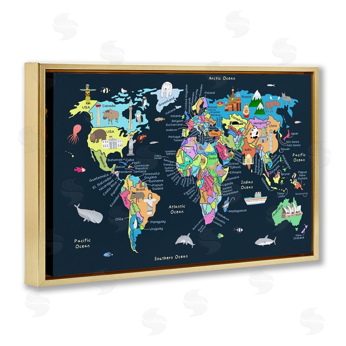 Carla Daly Detailed Countries Map Gold Floating Frame Canvas Wall Art Print