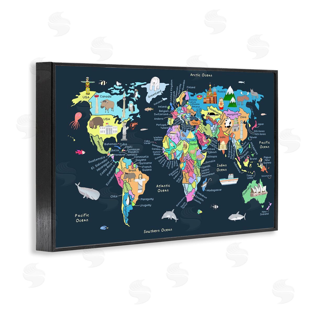 Carla Daly Detailed Countries Map Black Framed Giclee Wall Art Print