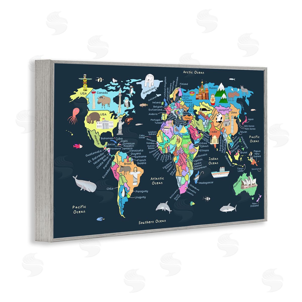 Carla Daly Detailed Countries Map Gray Framed Giclee Wall Art Print