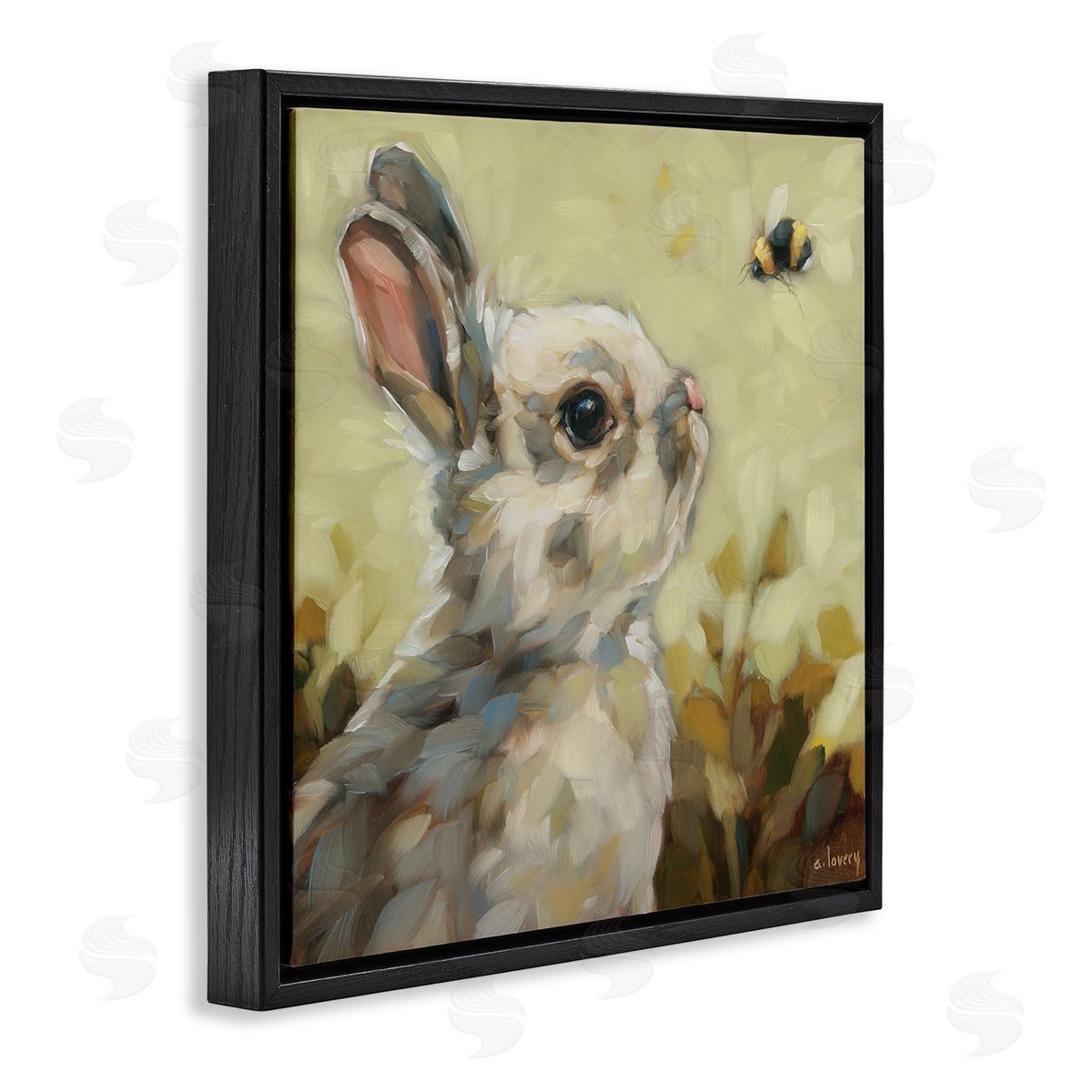 Andrea Lavery Bunny Eyeing Bumble Bee Black Floating Frame Canvas Wall Art Print