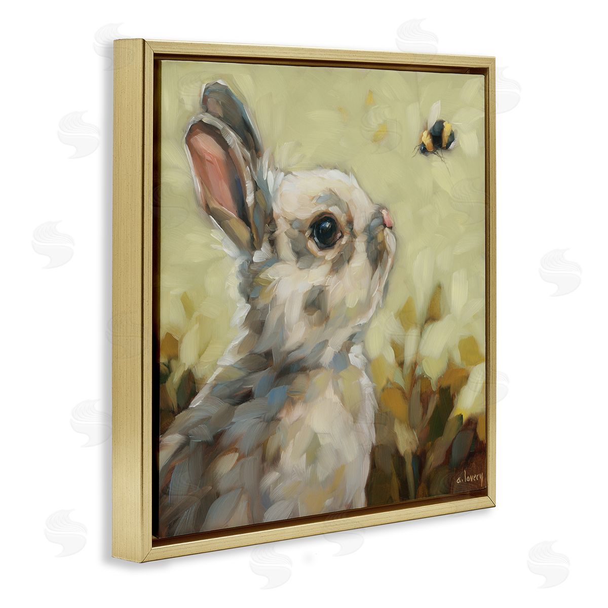 Andrea Lavery Bunny Eyeing Bumble Bee Gold Floating Frame Canvas Wall Art Print