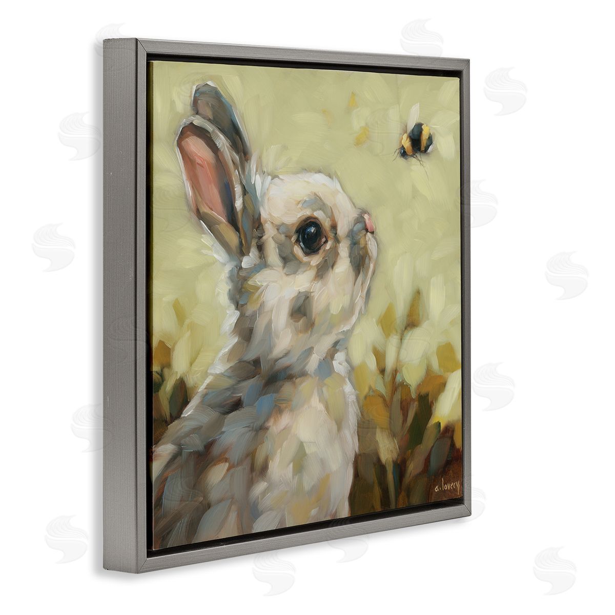 Andrea Lavery Bunny Eyeing Bumble Bee Gray Floating Frame Canvas Wall Art Print