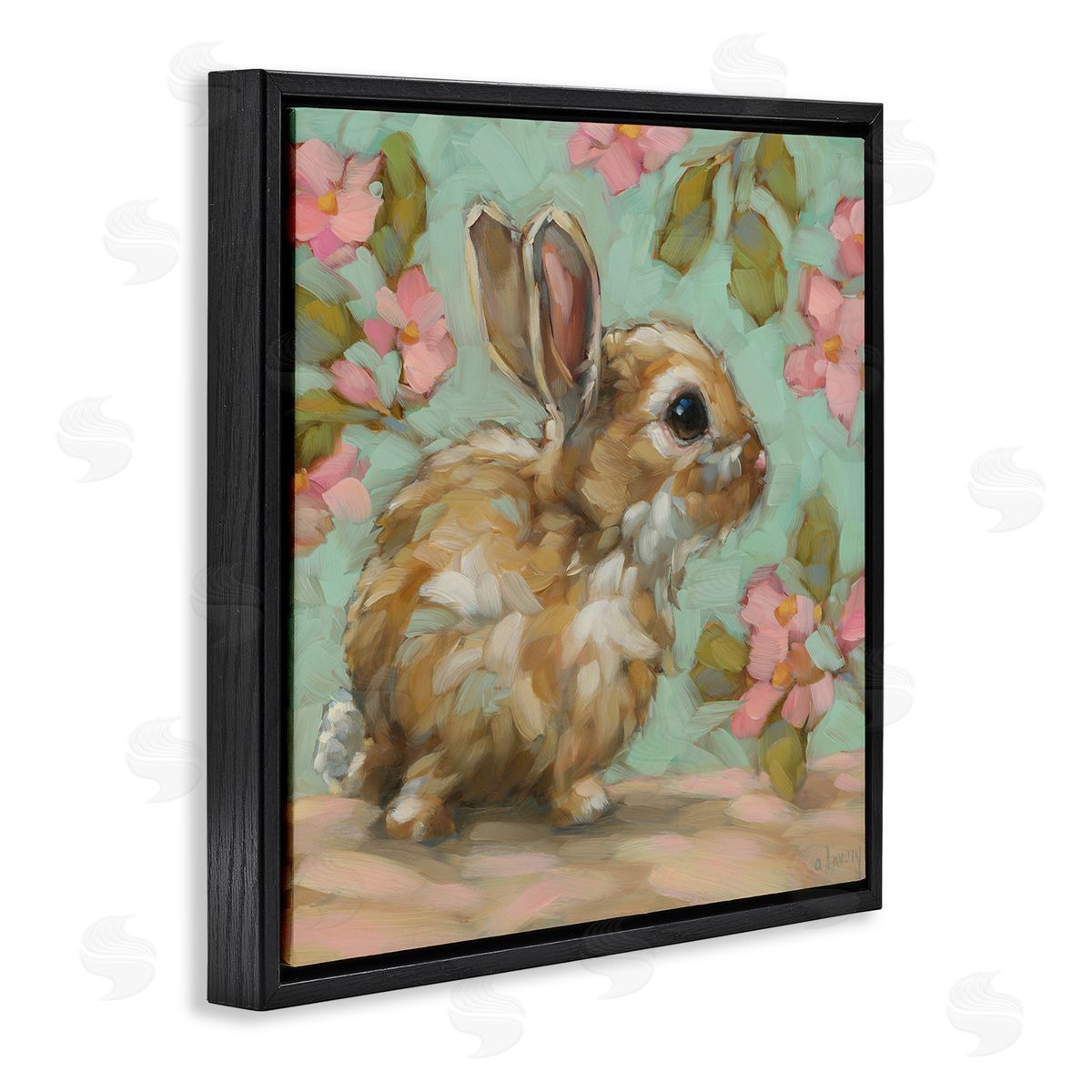 Andrea Lavery Baby Bunny & Florals Black Floating Frame Canvas Wall Art Print