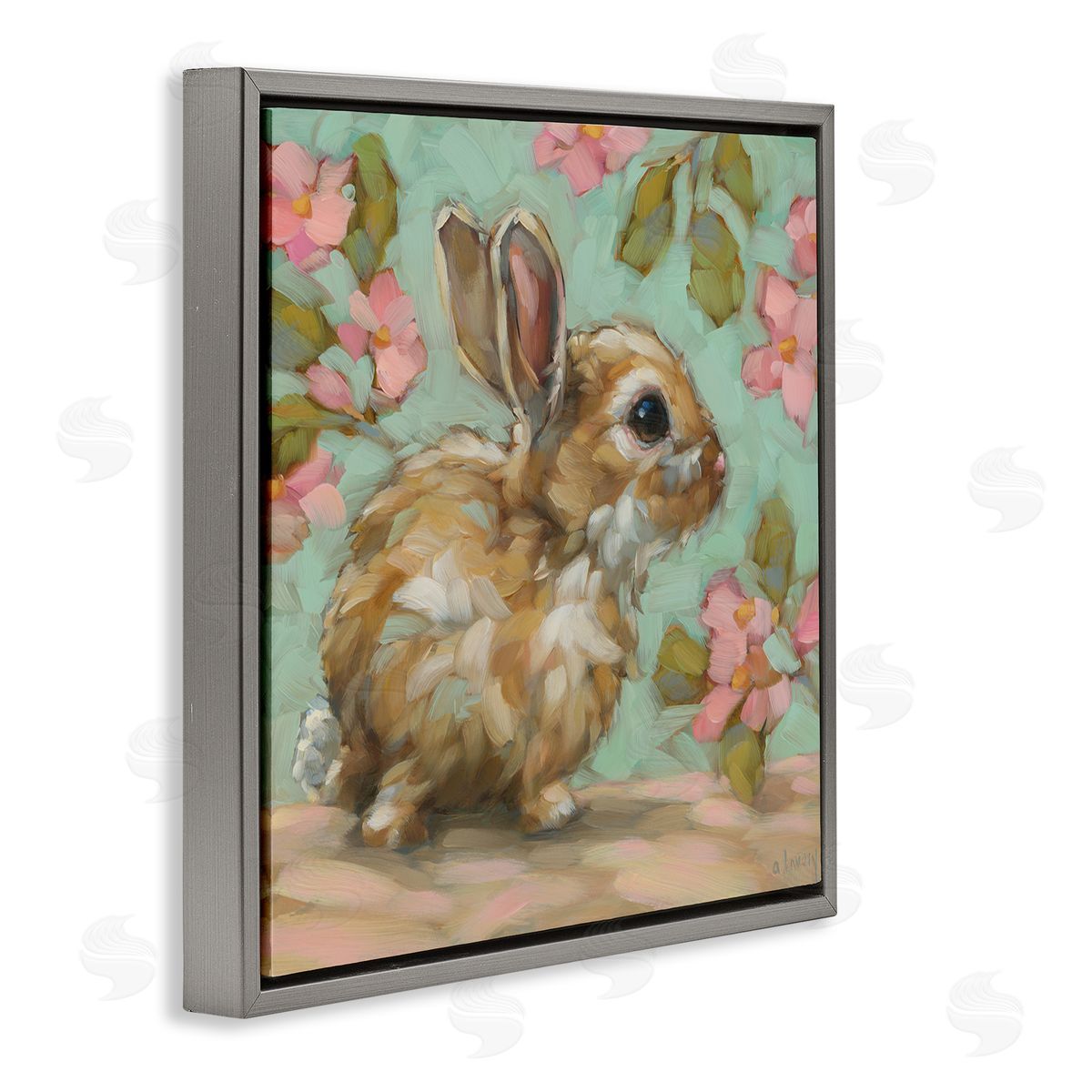 Andrea Lavery Baby Bunny & Florals Gray Floating Frame Canvas Wall Art Print