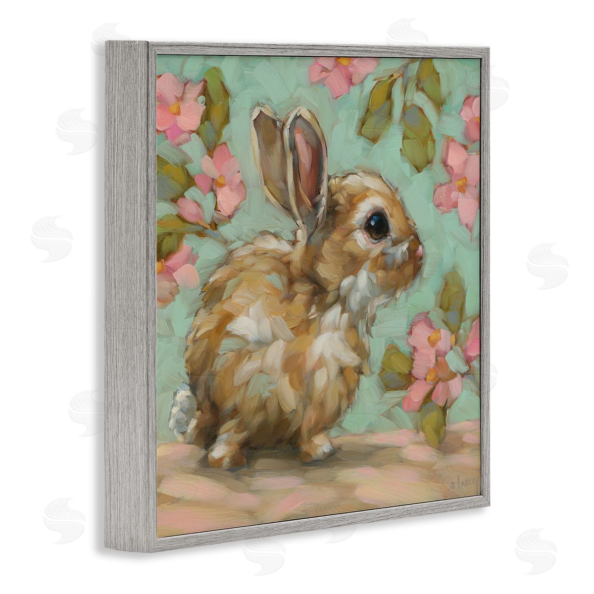 Andrea Lavery Baby Bunny & Florals Gray Framed Giclee Wall Art Print
