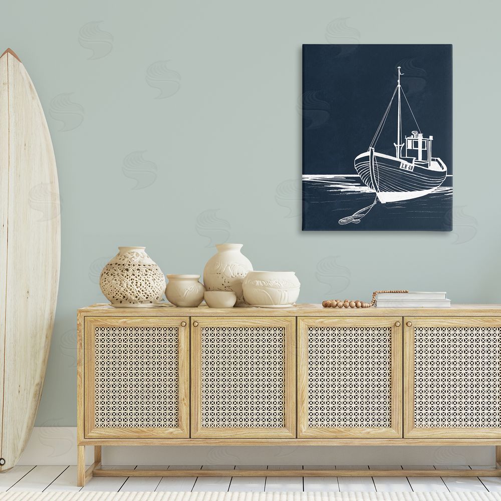 Leah Noel Art White Outline Sailboat Canvas Wall Art Print in Room