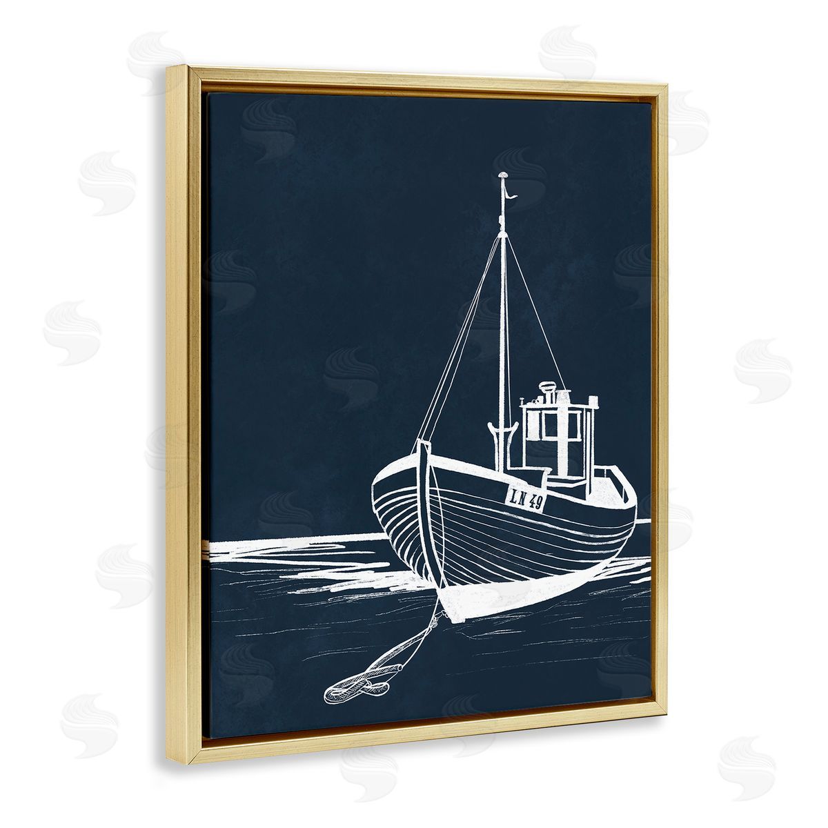 Leah Noel Art White Outline Sailboat Gold Floating Frame Canvas Wall Art Print