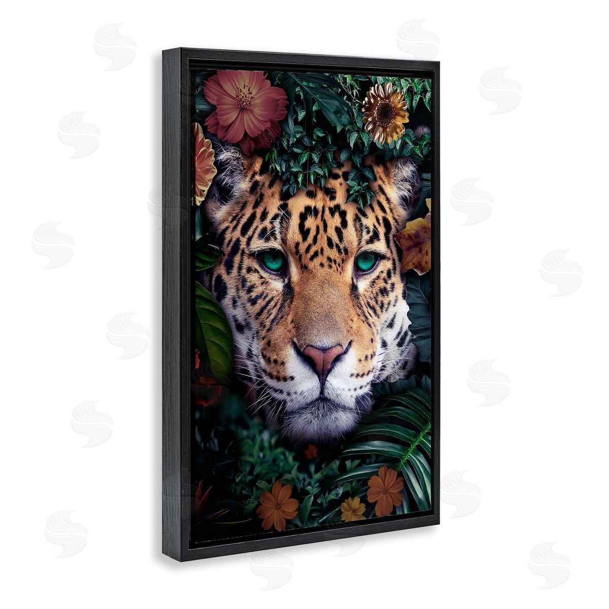 Reinders Cheetah with Tropical Florals Black Floating Frame Canvas Wall Art Print