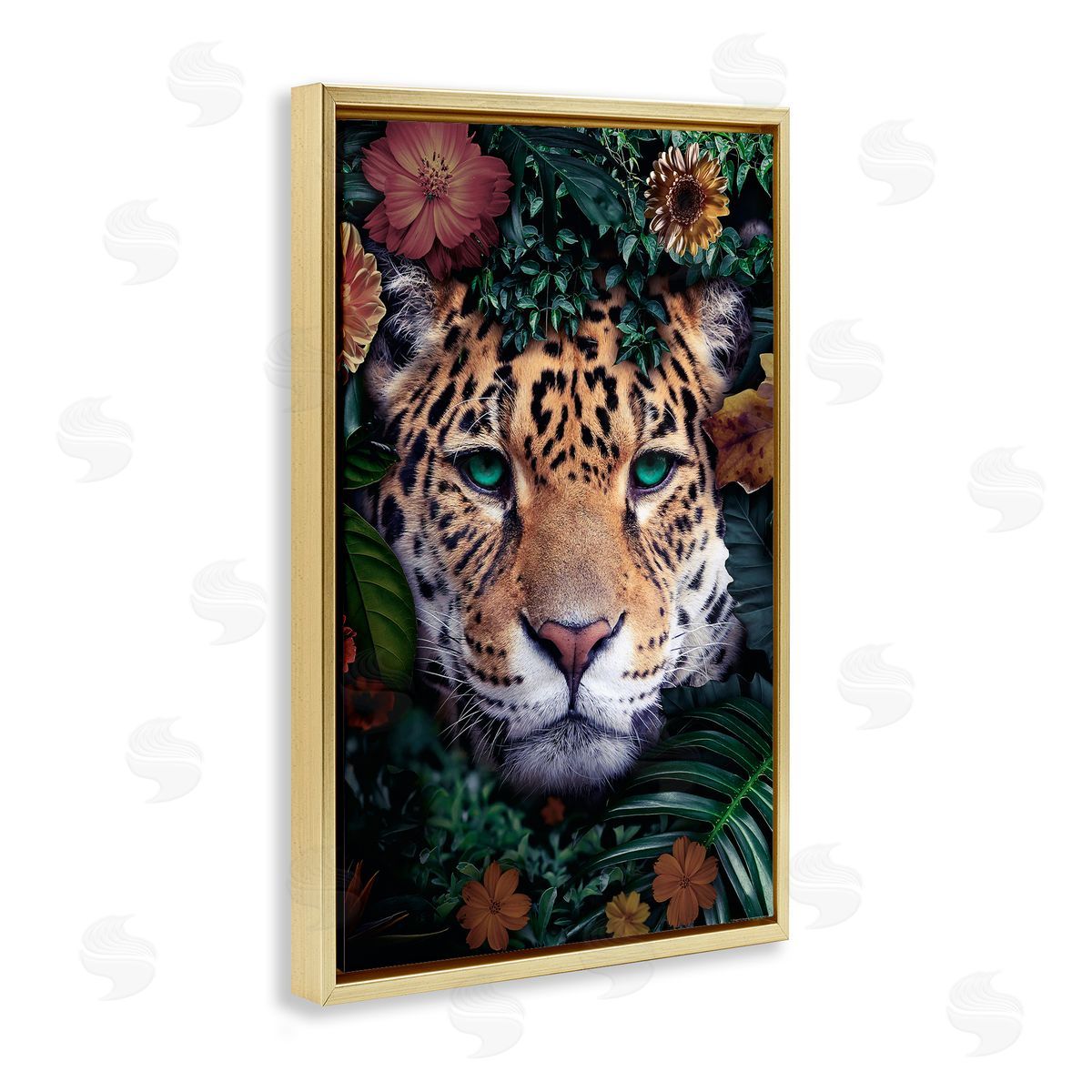 Reinders Cheetah with Tropical Florals Gold Floating Frame Canvas Wall Art Print