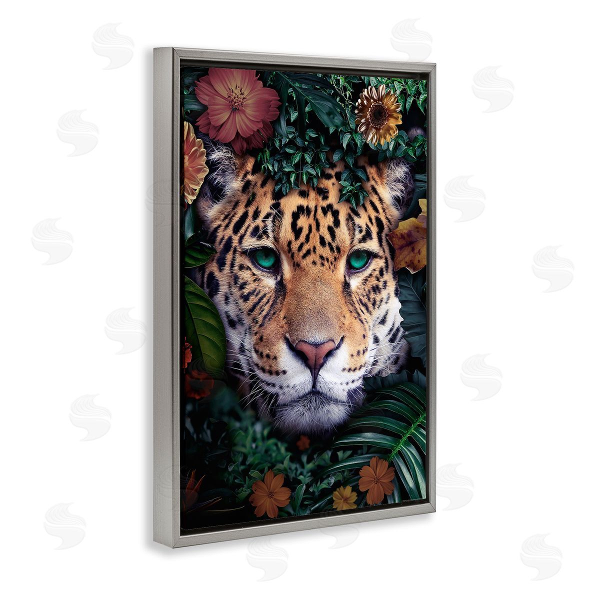 Reinders Cheetah with Tropical Florals Gray Floating Frame Canvas Wall Art Print