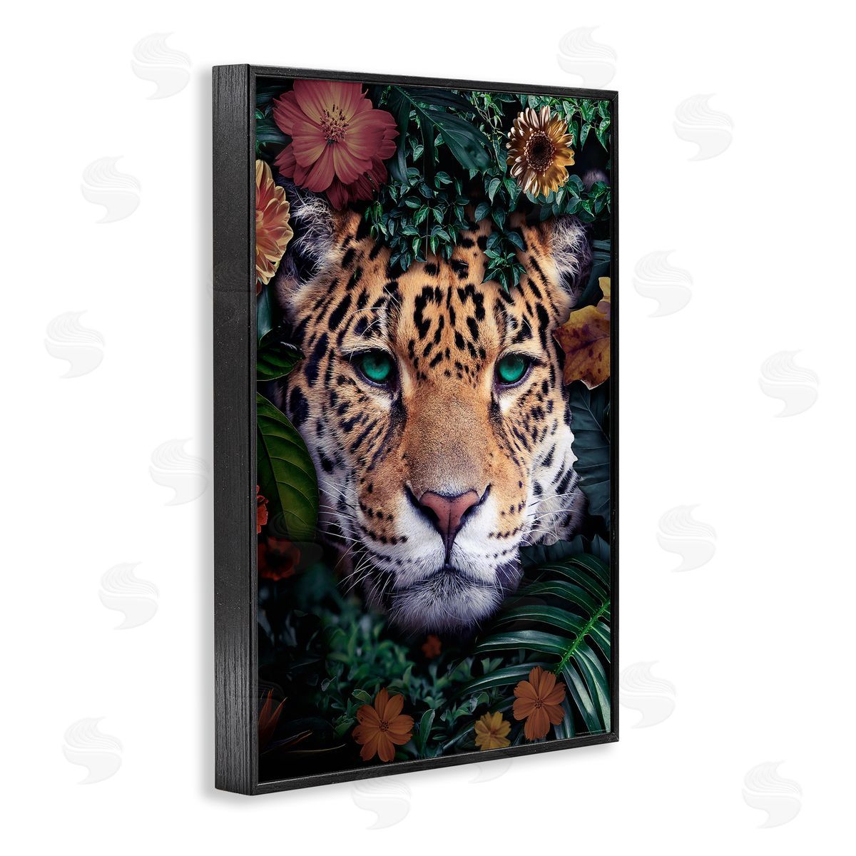 Reinders Cheetah with Tropical Florals Black Framed Giclee Wall Art Print