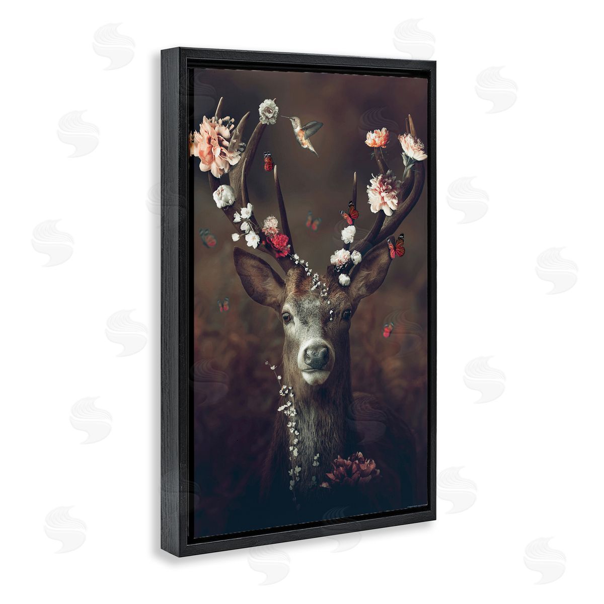 Reinders Flower Bedecked Antlers Black Floating Frame Canvas Wall Art Print