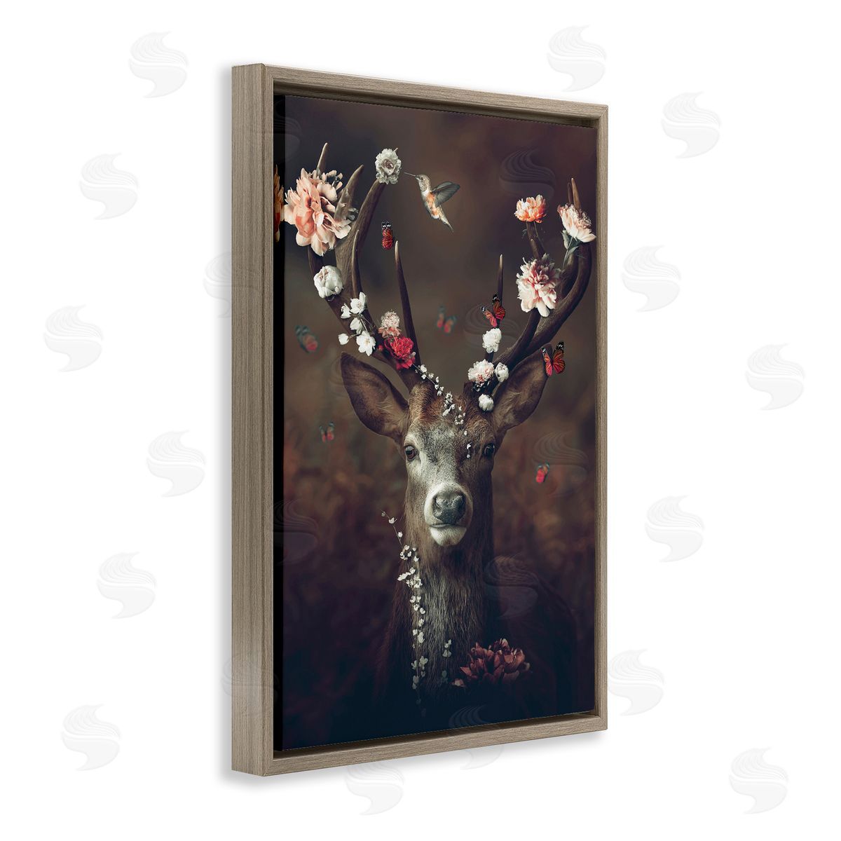 Reinders Flower Bedecked Antlers Brown Floating Frame Canvas Wall Art Print
