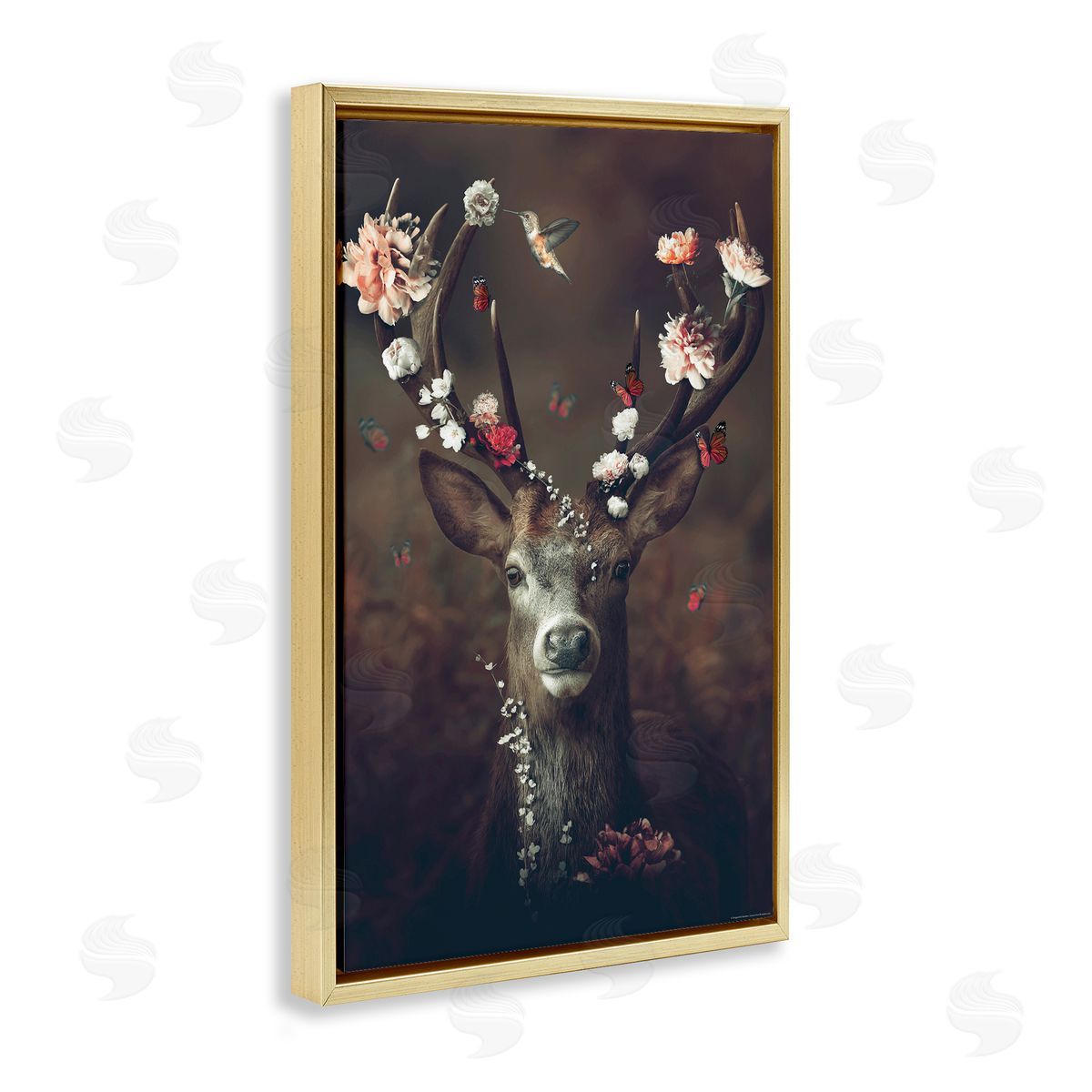 Reinders Flower Bedecked Antlers Gold Floating Frame Canvas Wall Art Print