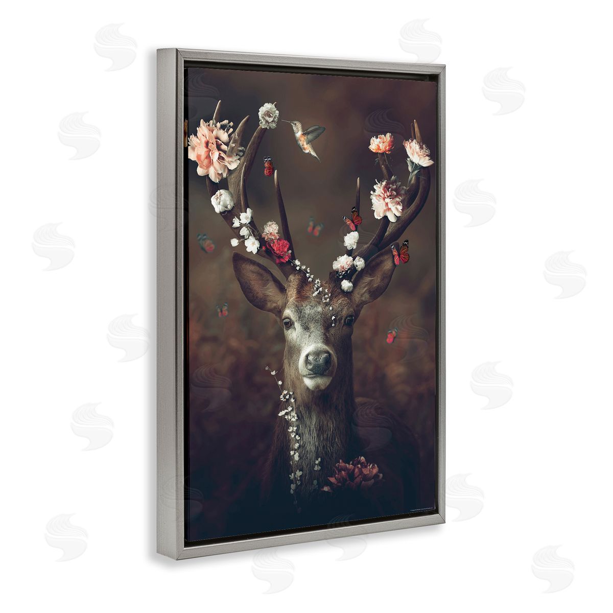 Reinders Flower Bedecked Antlers Gray Floating Frame Canvas Wall Art Print