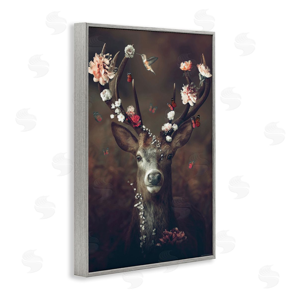 Reinders Flower Bedecked Antlers Gray Framed Giclee Wall Art Print