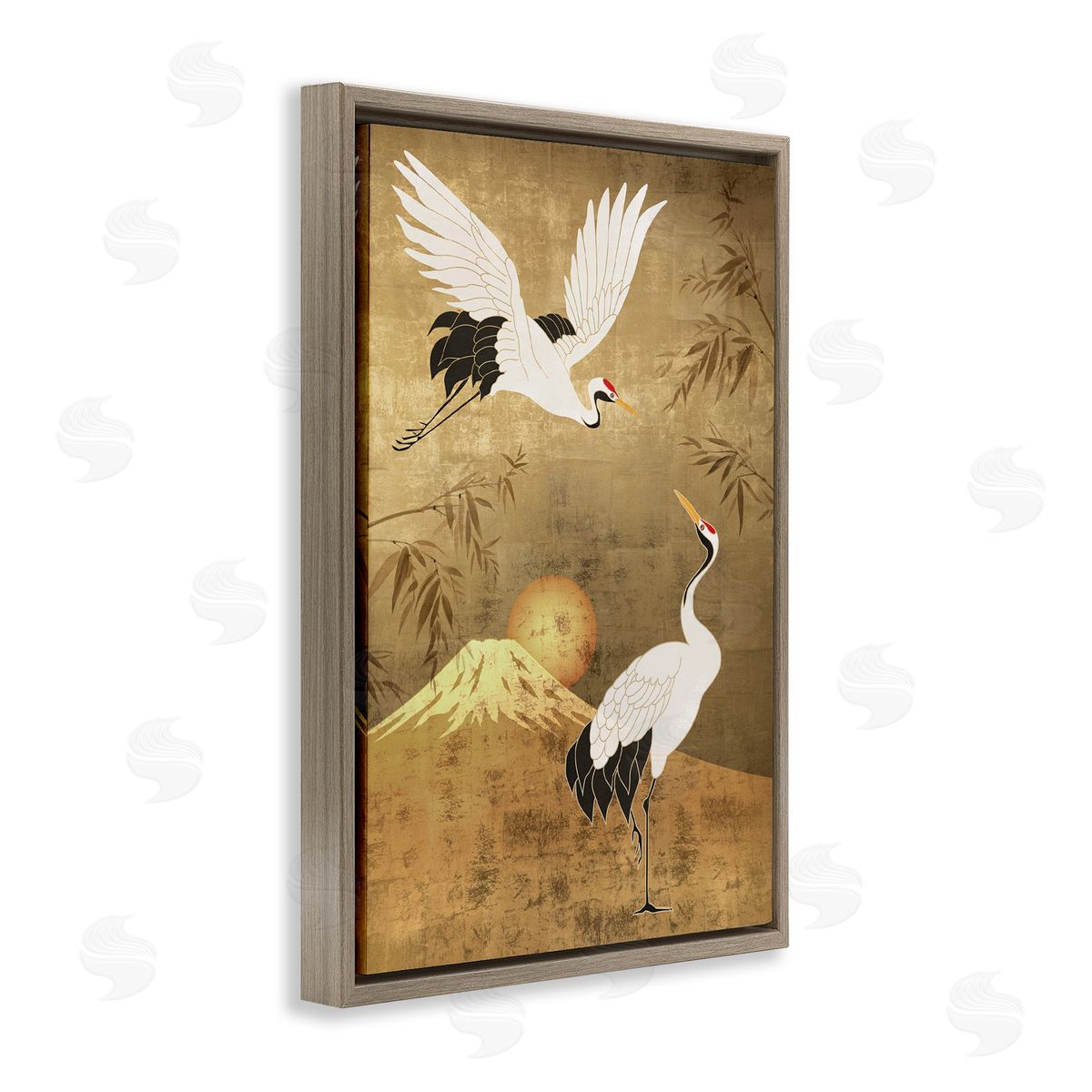 Reinders Traditional Cranes & Mountain Brown Floating Frame Canvas Wall Art Print