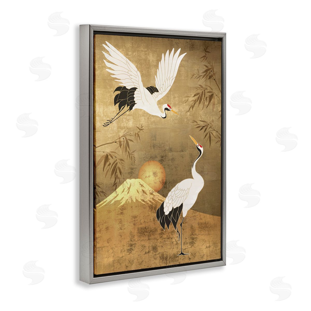 Reinders Traditional Cranes & Mountain Gray Floating Frame Canvas Wall Art Print