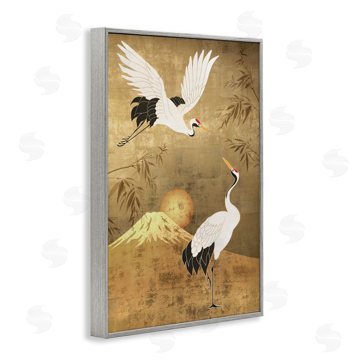 Reinders Traditional Cranes & Mountain Gray Framed Giclee Wall Art Print