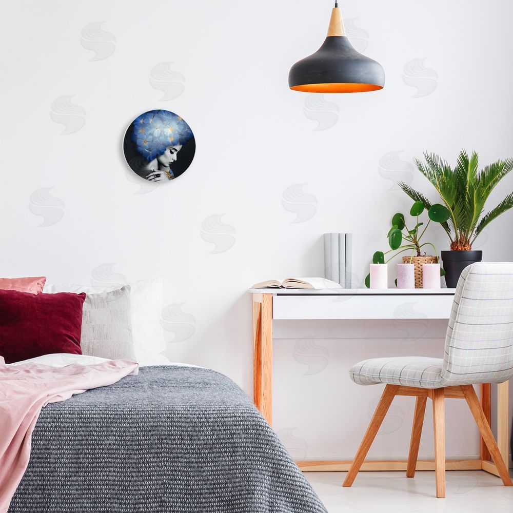 Reinders Woman with Blue Florals Round Wall Plaque Art Print in Room