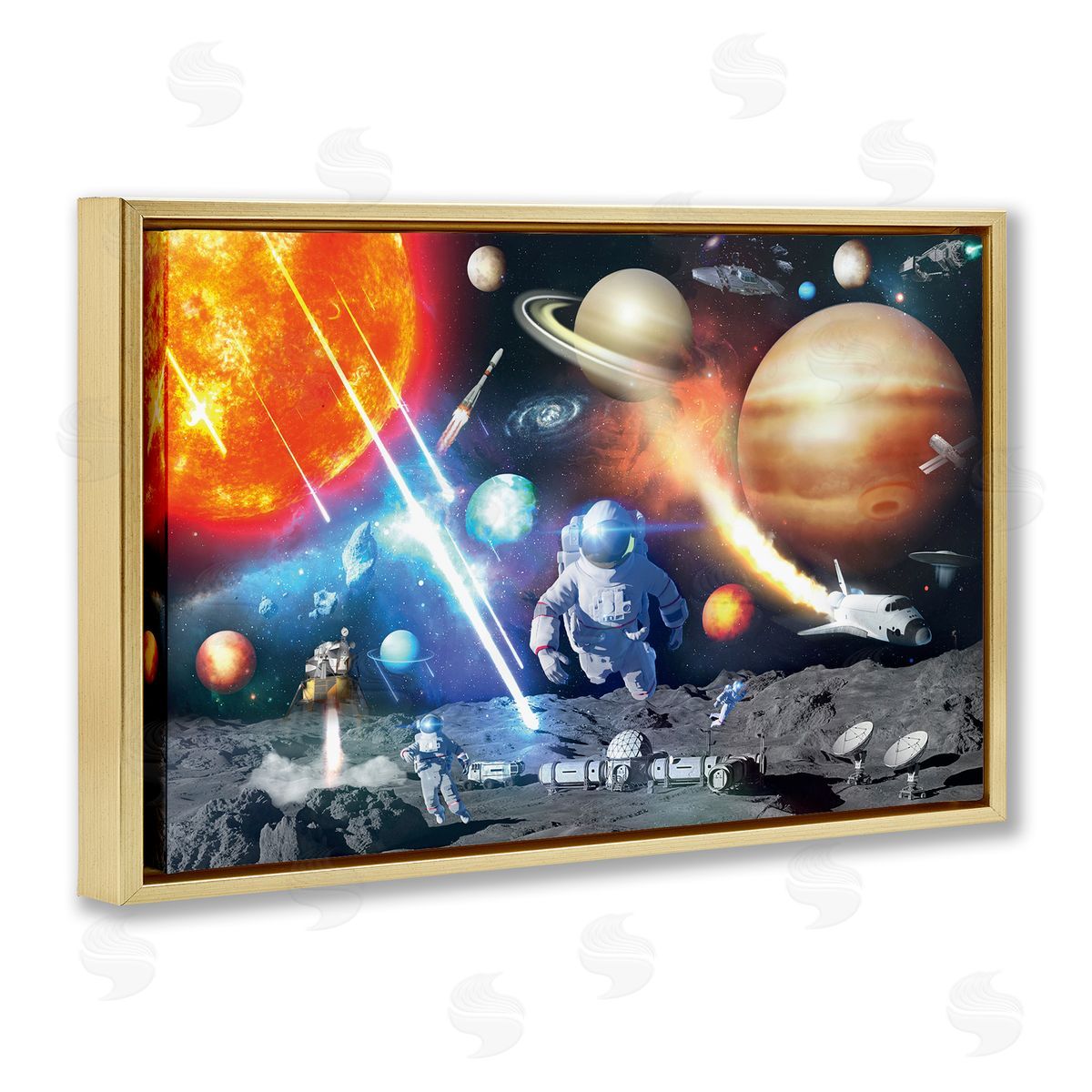 Reinders Space & Astronauts Collage Gold Floating Frame Canvas Wall Art Print