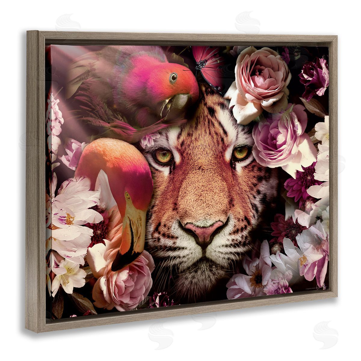 Reinders Tropical Birds & Tiger Brown Floating Frame Canvas Wall Art Print