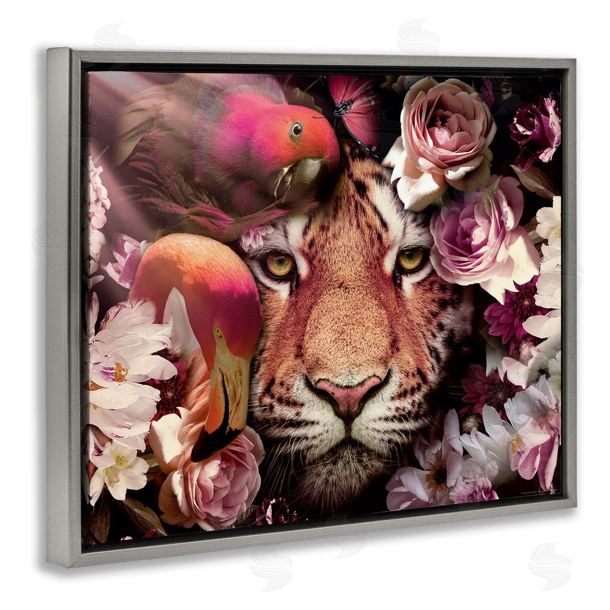 Reinders Tropical Birds & Tiger Gray Floating Frame Canvas Wall Art Print