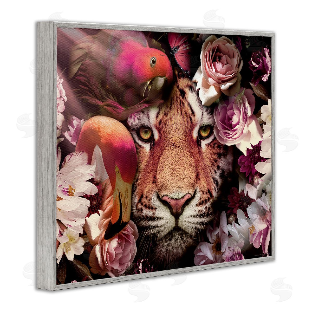 Reinders Tropical Birds & Tiger Gray Framed Giclee Wall Art Print